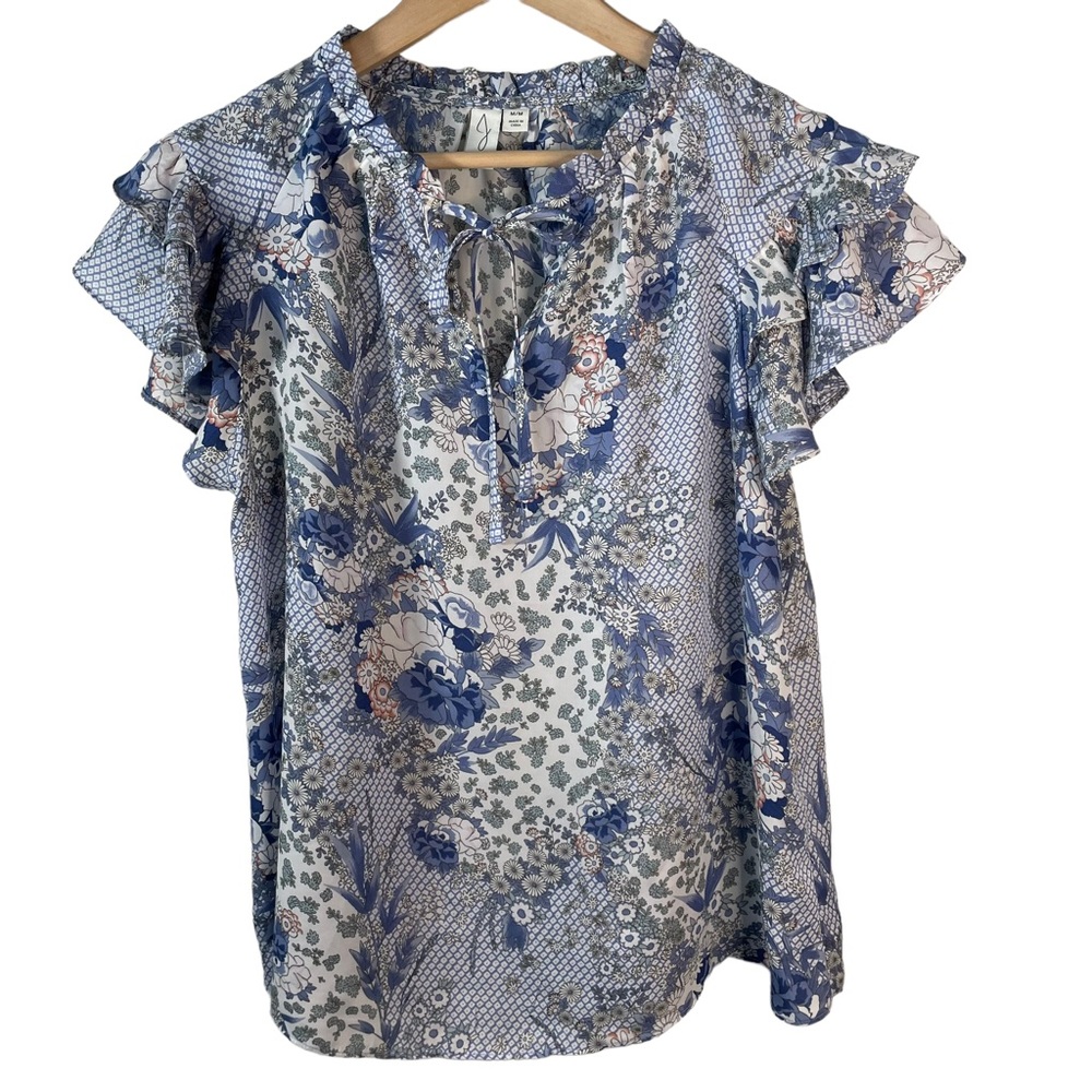 Joie Blue Floral Ruffled Neck Tie Flutter Sleeve Lightweight Blouse Size Medium
